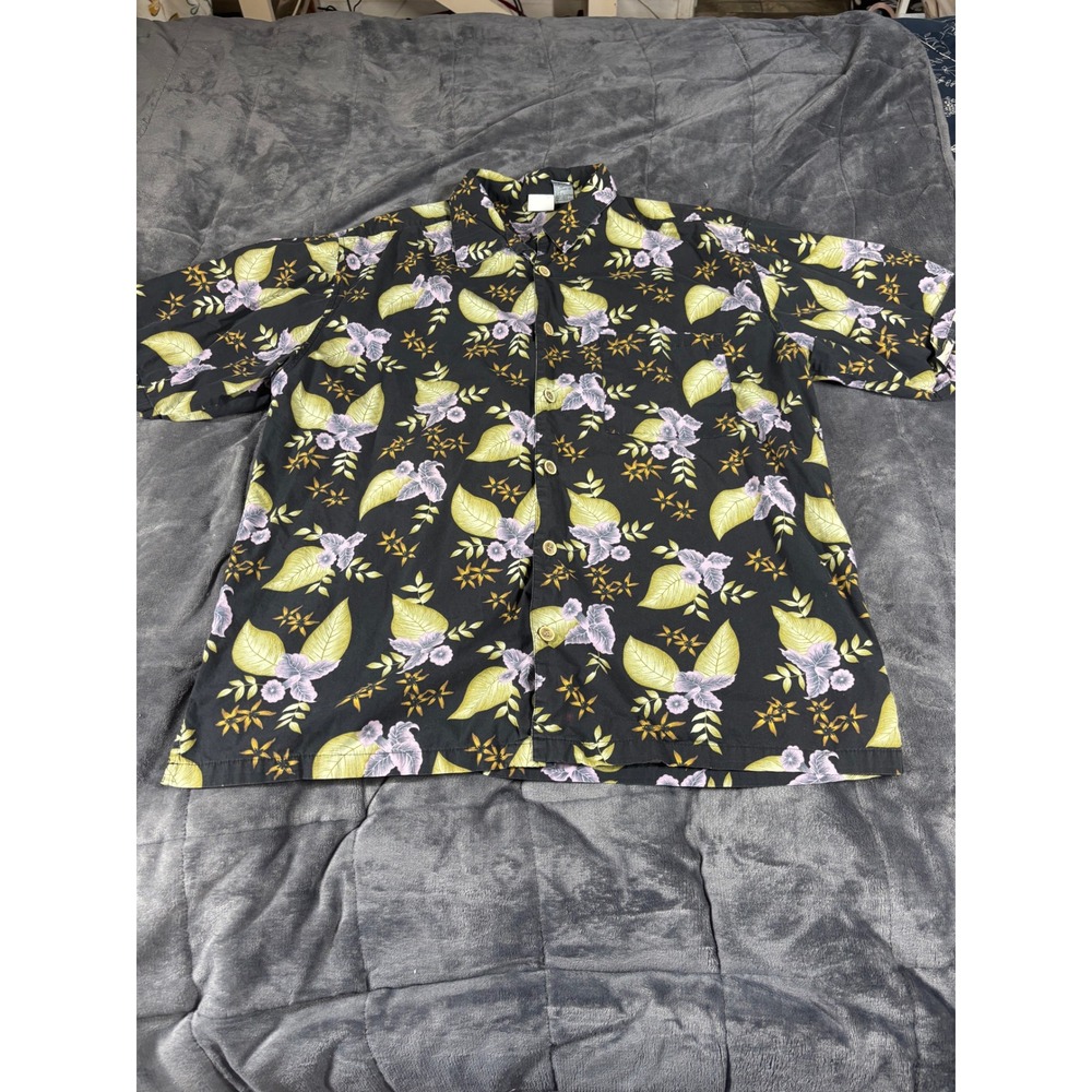 Ocean Pacific OP Sport Mens XL Black Floral Cotton Hawaiian Button Down Shirt